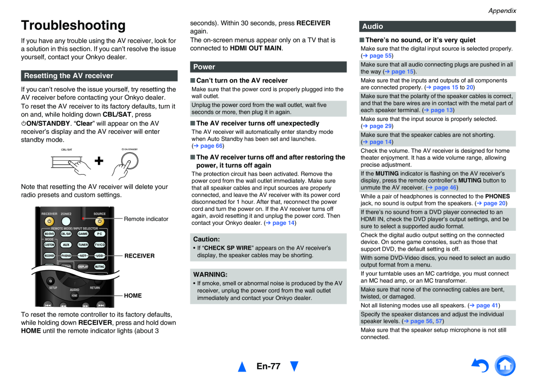 Onkyo TX-NR626 instruction manual Troubleshooting, En-77, Resetting the AV receiver, Power, Audio, Appendix 