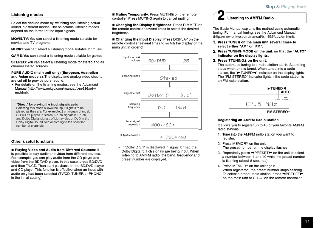 Onkyo TX-NR636 manual Listening modes, Other useful functions, Listening to AM/FM Radio, Registering an AM/FM Radio Station 