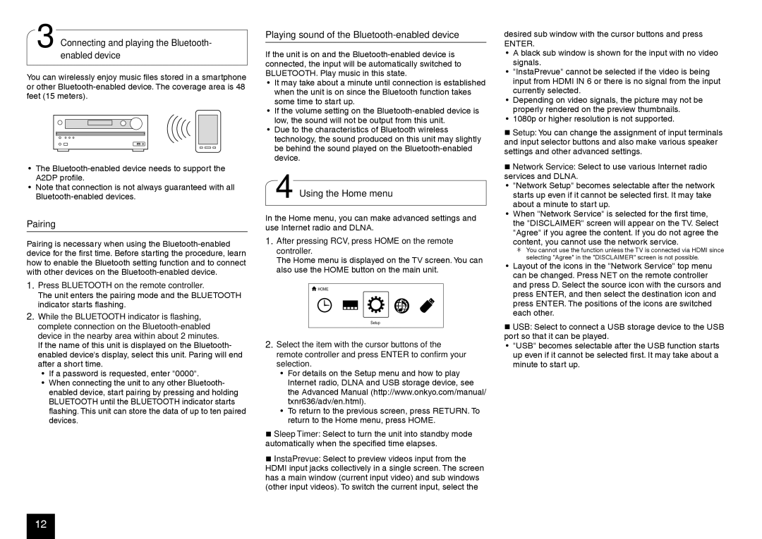 Onkyo TX-NR636 manual Connecting and playing the Bluetooth- enabled device, Pairing, Using the Home menu 