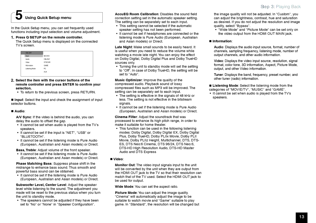 Onkyo TX-NR636 manual Using Quick Setup menu, Press Q Setup on the remote controller,  Audio,  Video,  Information 