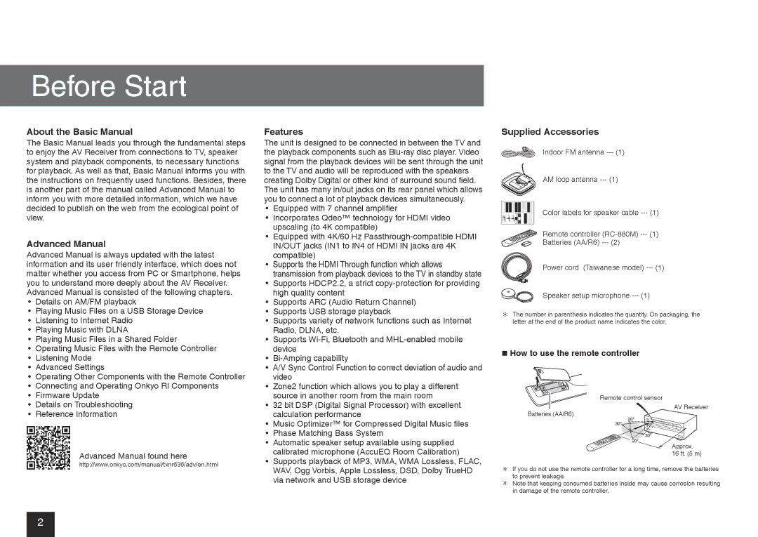 Onkyo TX-NR636 About the Basic Manual, Advanced Manual, Features, Supplied Accessories,  How to use the remote controller 