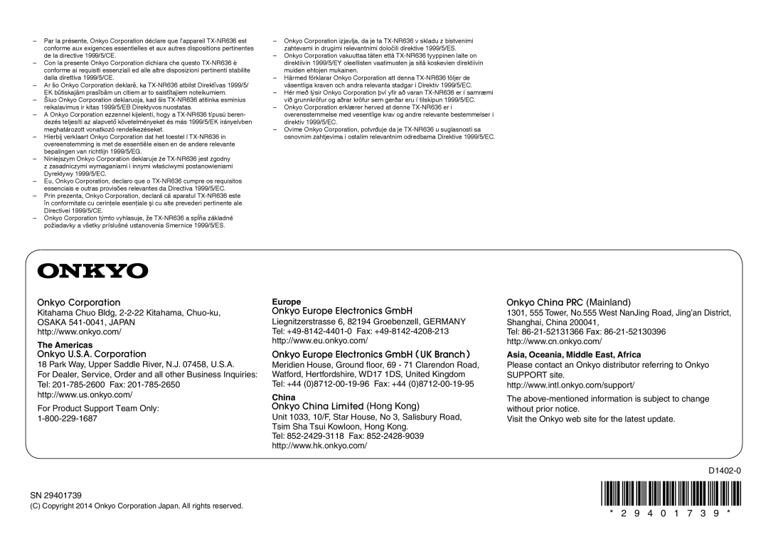 Onkyo TX-NR636 manual Americas, Europe, China, Asia, Oceania, Middle East, Africa 
