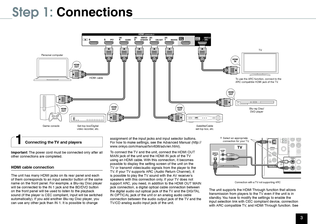 Onkyo TX-NR636 manual Connecting the TV and players, Hdmi cable connection 