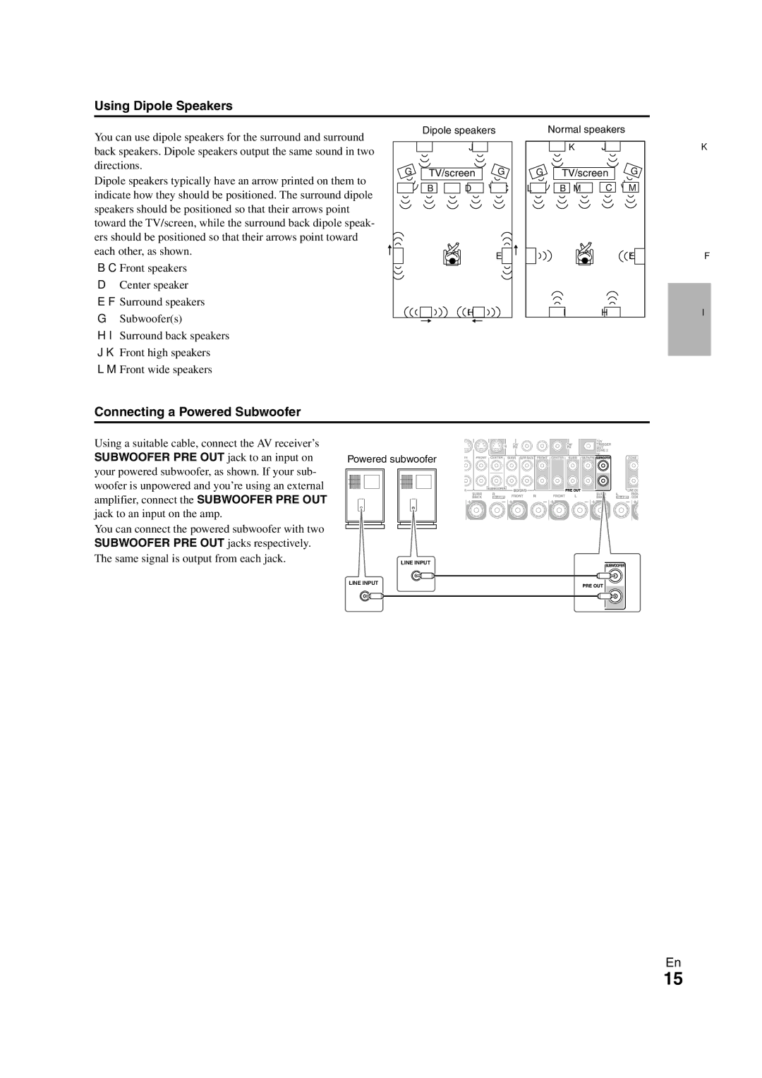 Onkyo TX-NR708 instruction manual Using Dipole Speakers, Connecting a Powered Subwoofer 