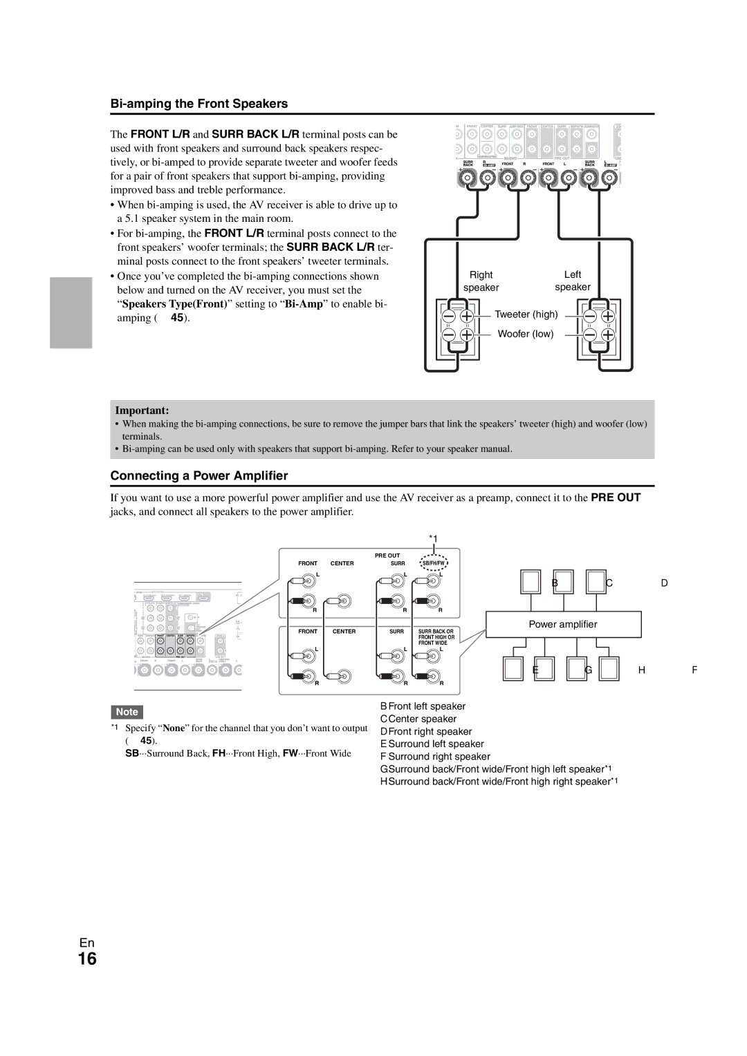 Onkyo TX-NR708 instruction manual Bi-amping the Front Speakers, Connecting a Power Amplifier 