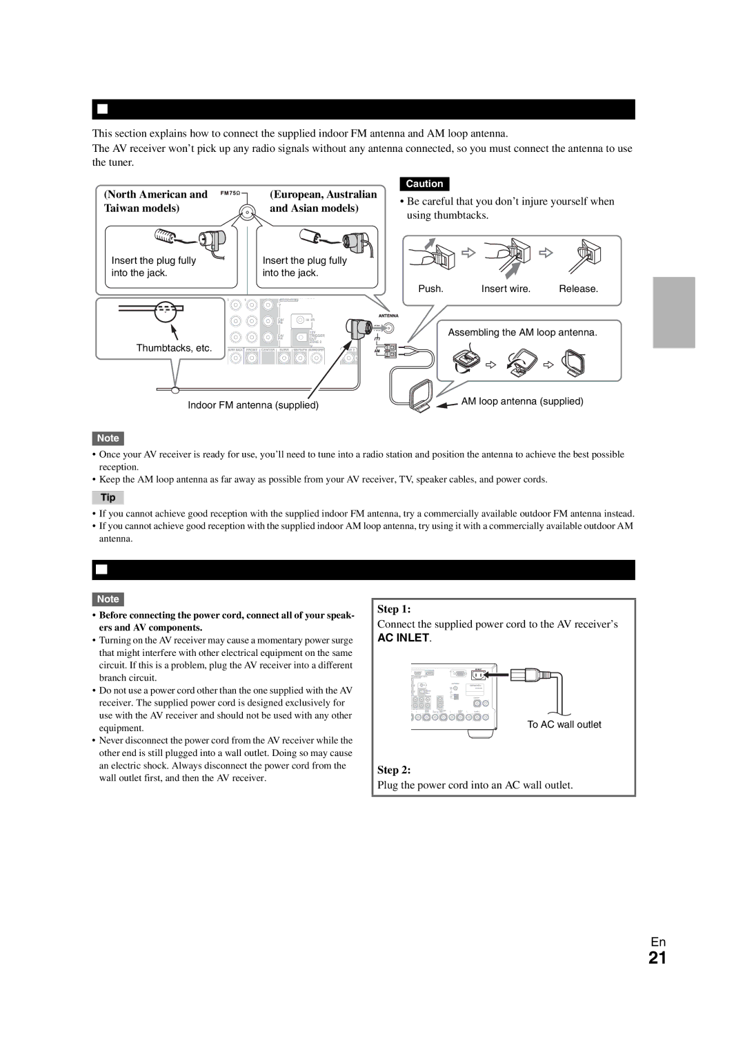 Onkyo TX-NR708 instruction manual Connecting Antenna, Connect the supplied power cord to the AV receiver’s, AC Inlet 