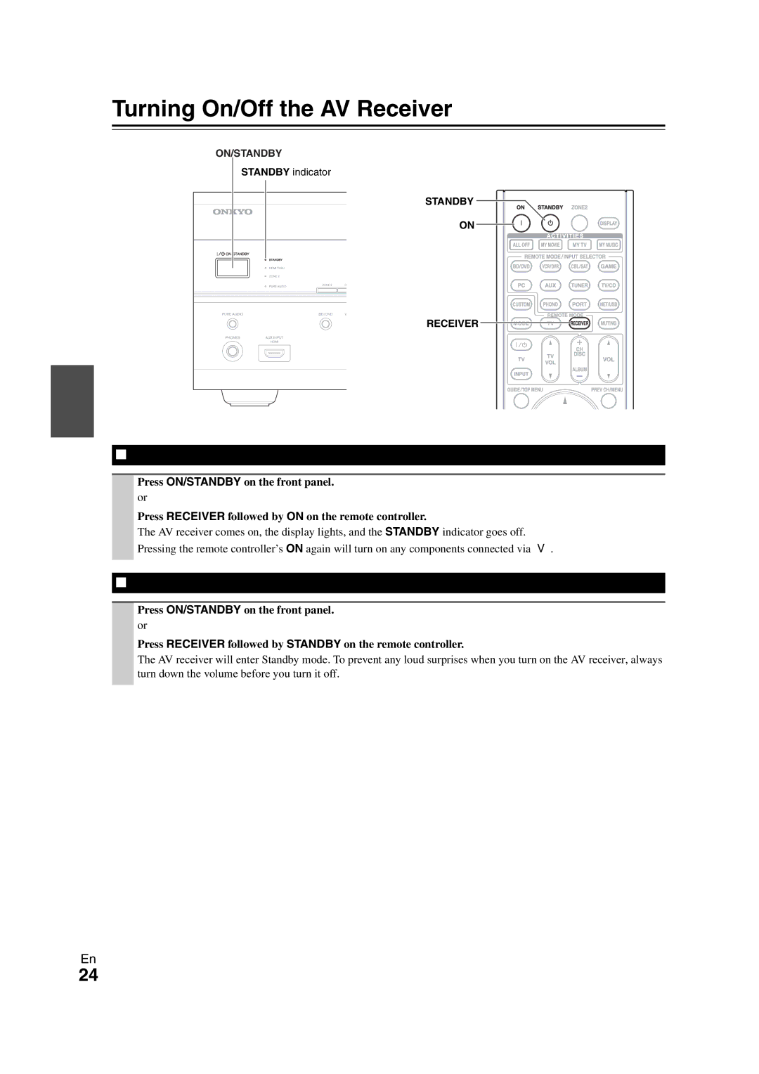 Onkyo TX-NR708 instruction manual Turning On/Off the AV Receiver, Turning Off, On/Standby, Standby Receiver 