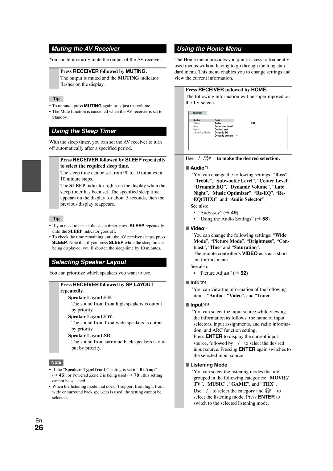 Onkyo TX-NR708 Muting the AV Receiver Using the Home Menu, Using the Sleep Timer, Selecting Speaker Layout 