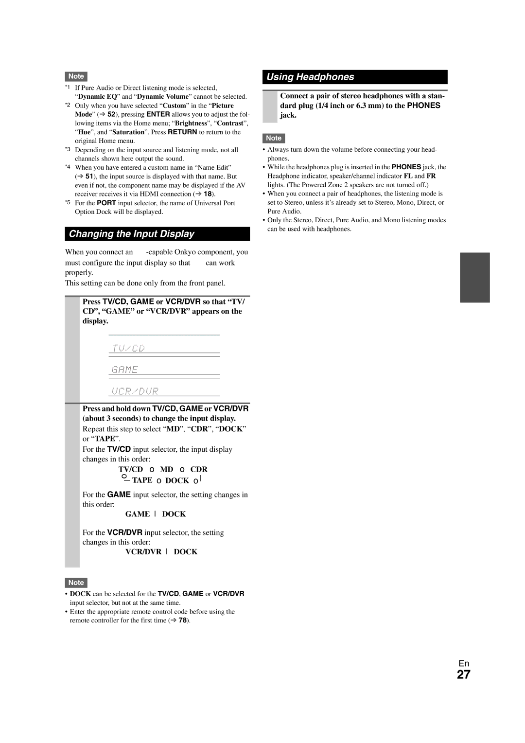 Onkyo TX-NR708 instruction manual Changing the Input Display, Using Headphones 