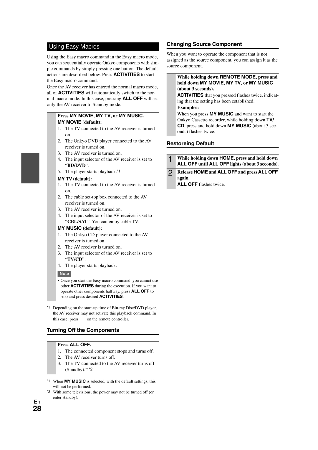 Onkyo TX-NR708 Using Easy Macros, Turning Off the Components, Changing Source Component, Restoreing Default 