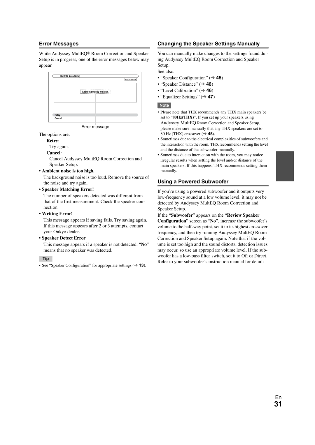 Onkyo TX-NR708 instruction manual Error Messages, Changing the Speaker Settings Manually, Using a Powered Subwoofer 