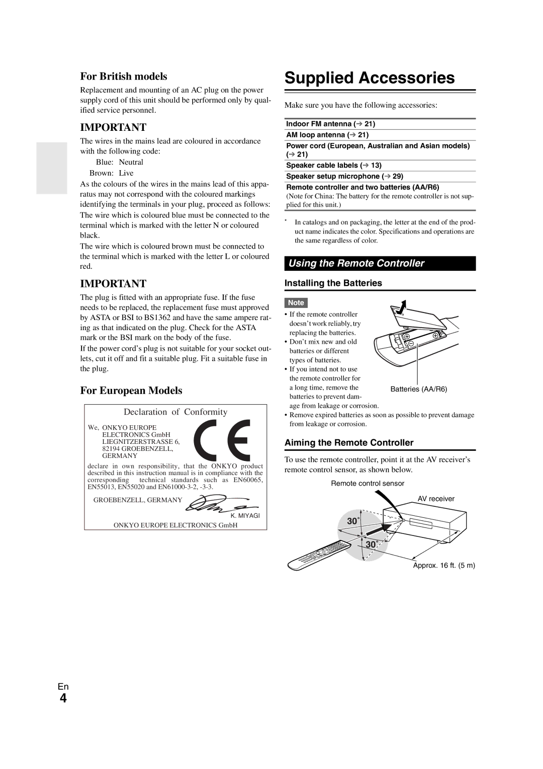 Onkyo TX-NR708 Supplied Accessories, Using the Remote Controller, Installing the Batteries, Aiming the Remote Controller 