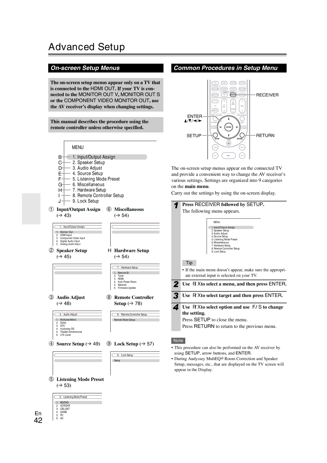 Onkyo TX-NR708 instruction manual Advanced Setup, On-screen Setup Menus, Common Procedures in Setup Menu 