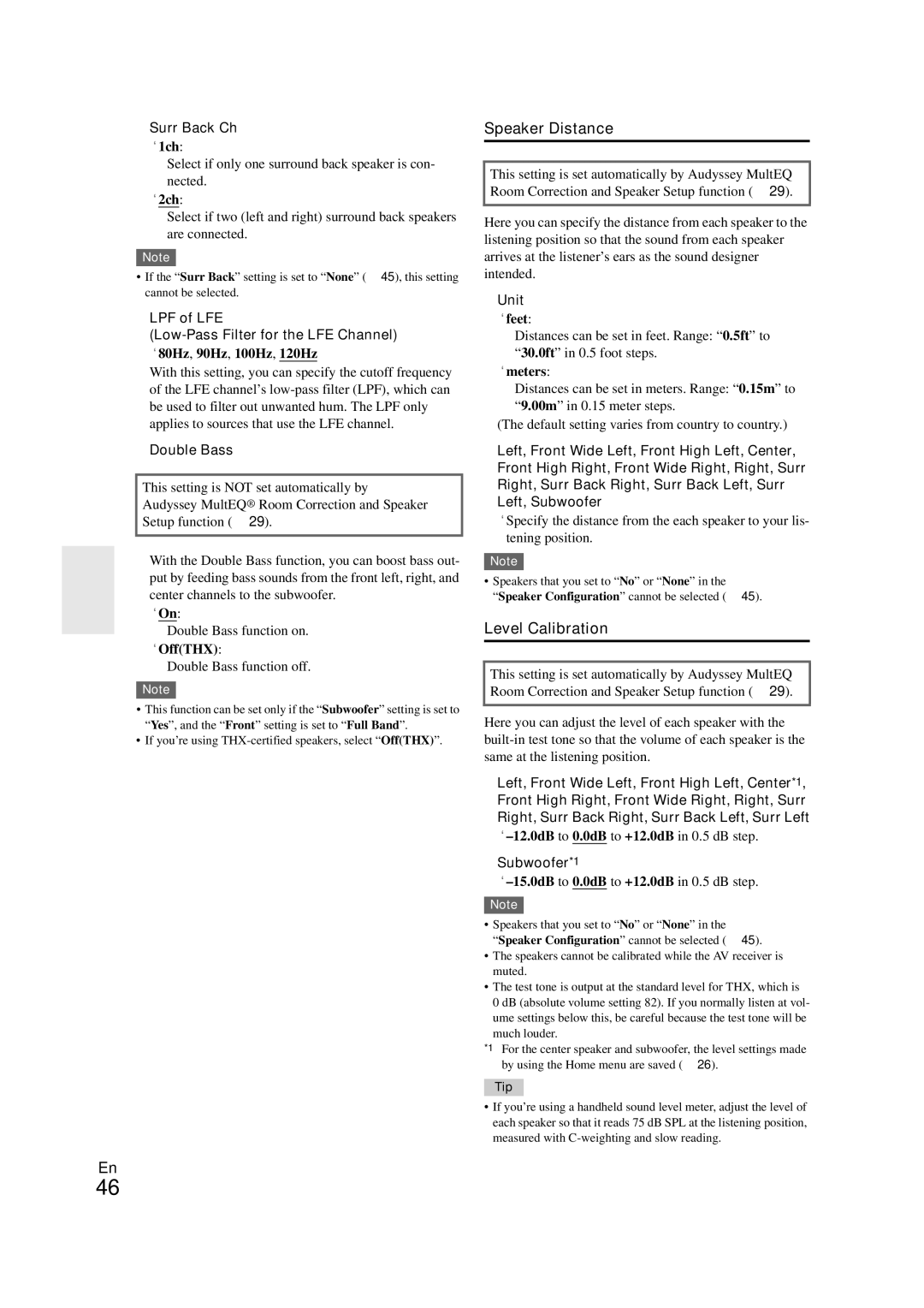 Onkyo TX-NR708 instruction manual Speaker Distance, Level Calibration 