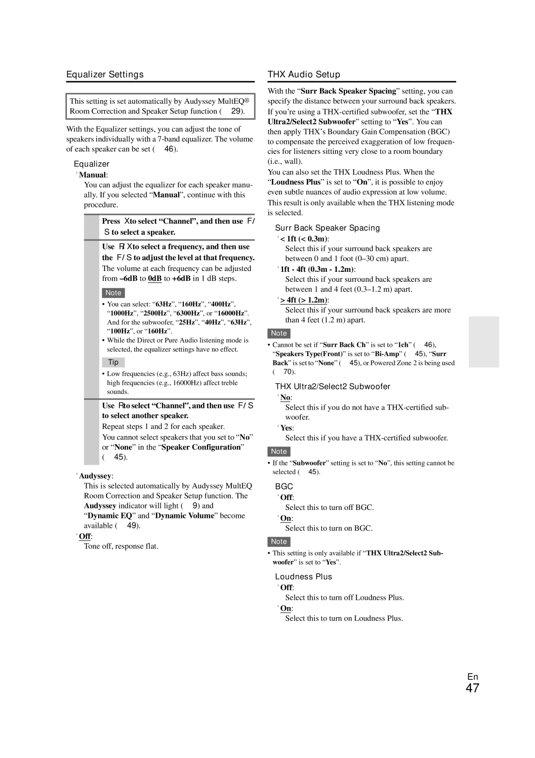 Onkyo TX-NR708 instruction manual Equalizer Settings, THX Audio Setup, Bgc 