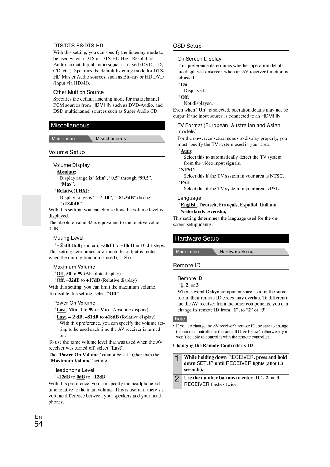 Onkyo TX-NR708 instruction manual Miscellaneous, Hardware Setup, Volume Setup, OSD Setup, Remote ID 