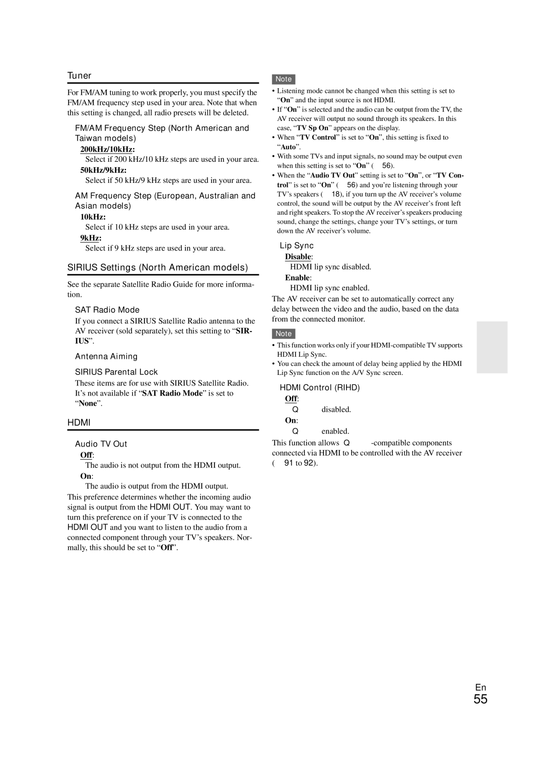 Onkyo TX-NR708 instruction manual Tuner, Sirius Settings North American models 