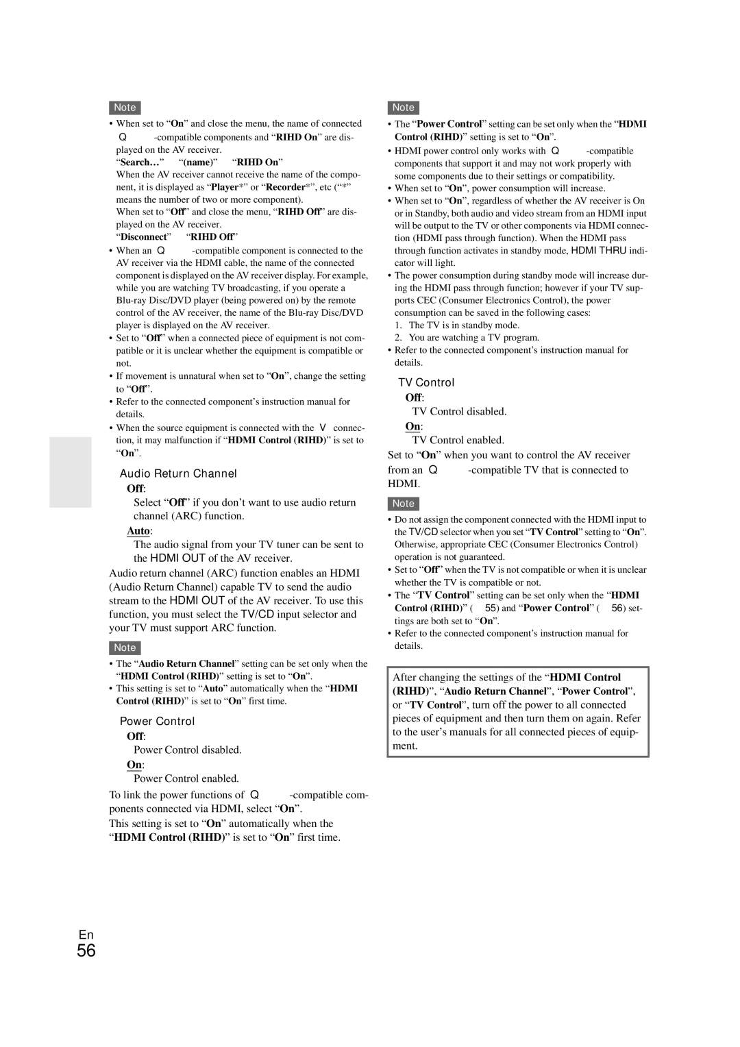 Onkyo TX-NR708 instruction manual Audio Return Channel, Power Control, TV Control 