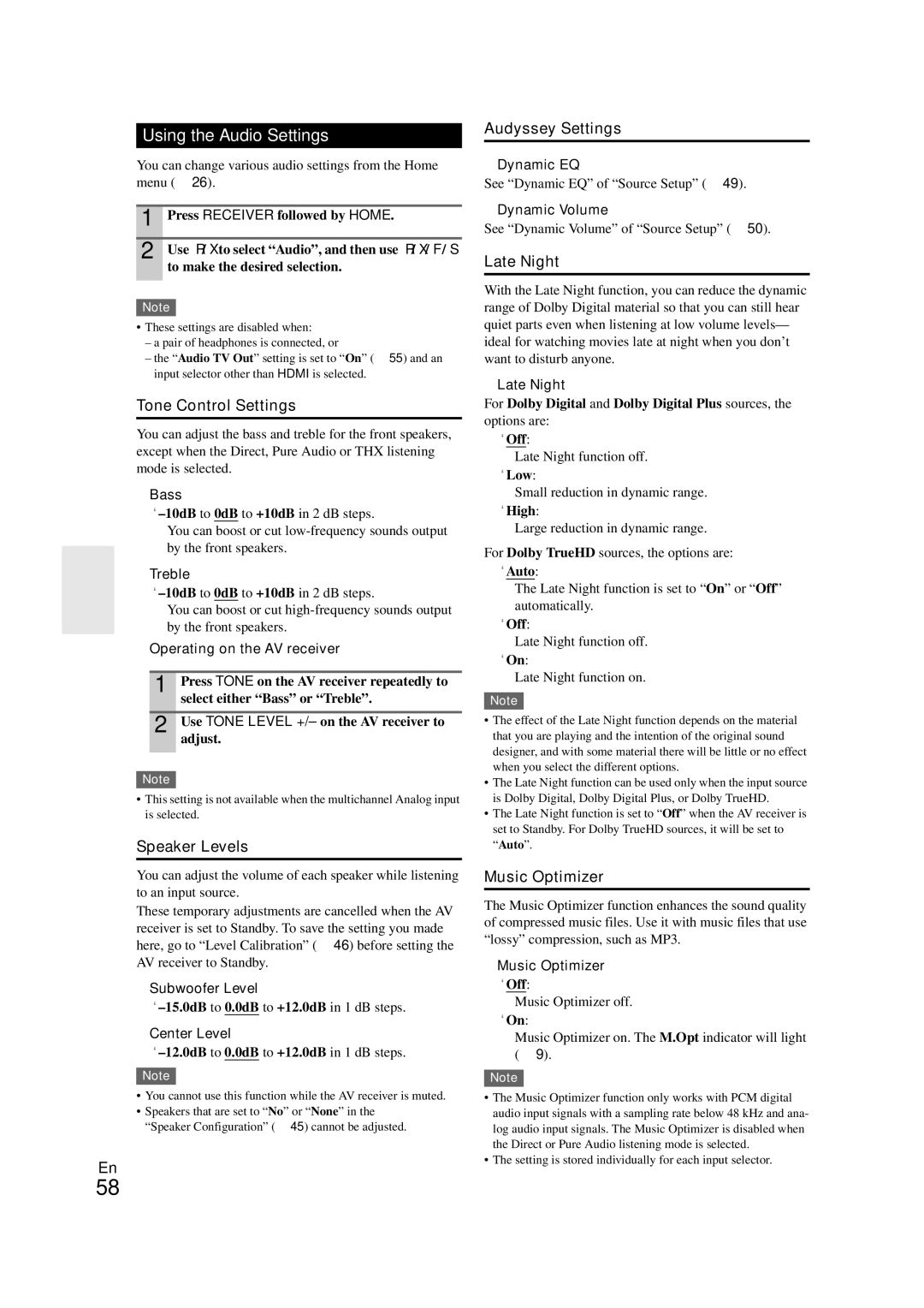 Onkyo TX-NR708 instruction manual Using the Audio Settings 