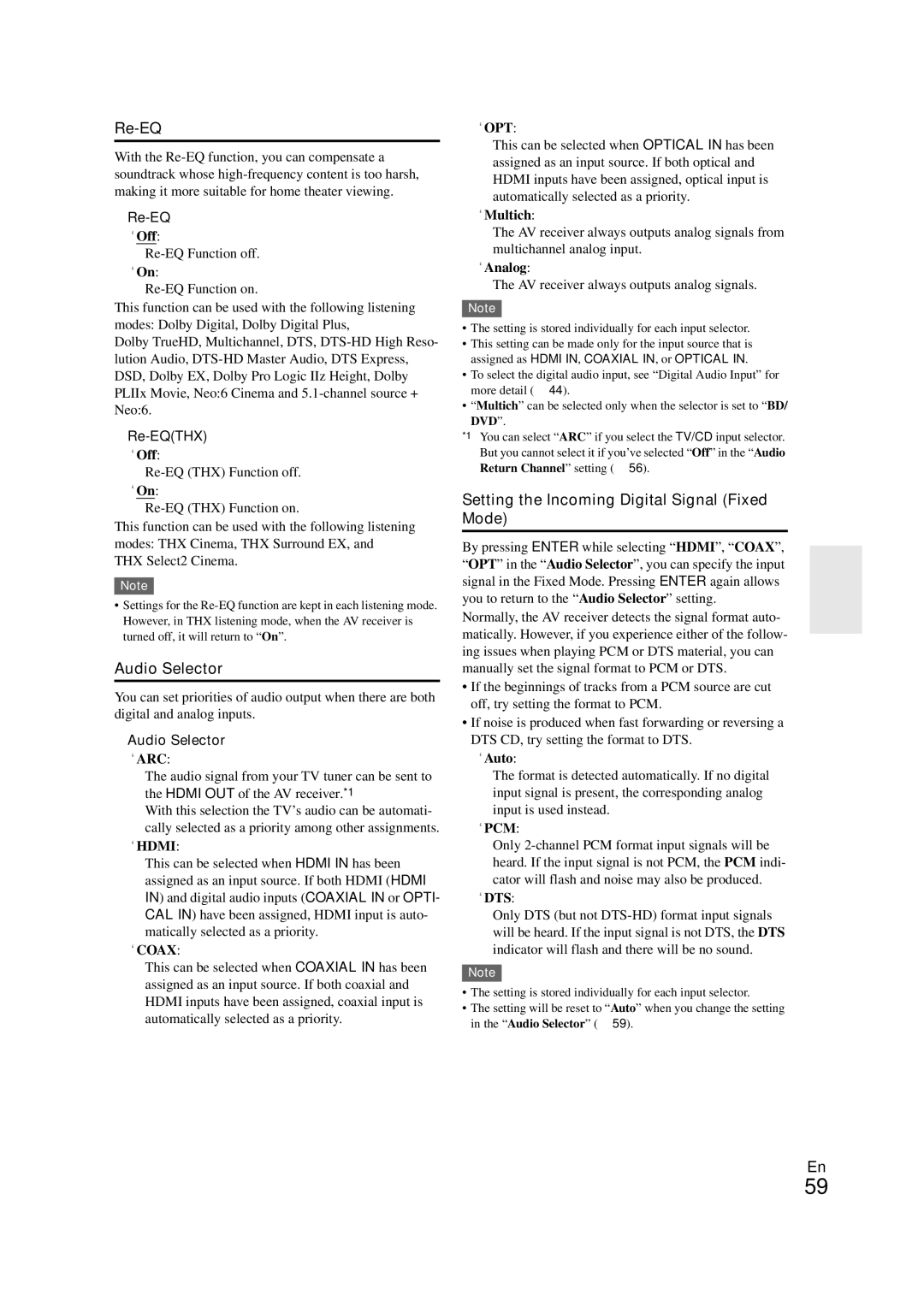 Onkyo TX-NR708 instruction manual Re-EQ, Audio Selector, Setting the Incoming Digital Signal Fixed Mode 