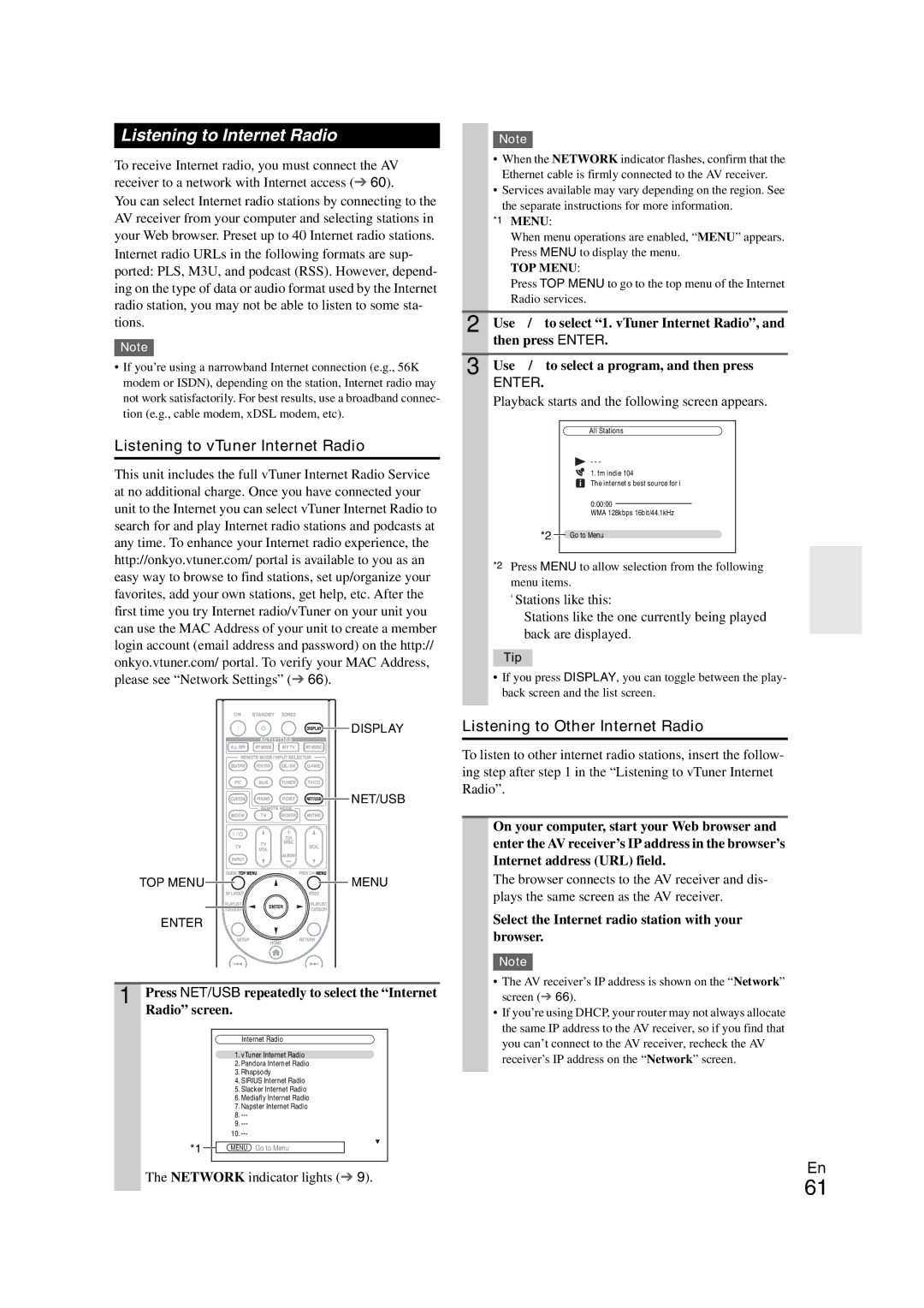 Onkyo TX-NR708 Listening to Internet Radio, Listening to vTuner Internet Radio, Listening to Other Internet Radio 