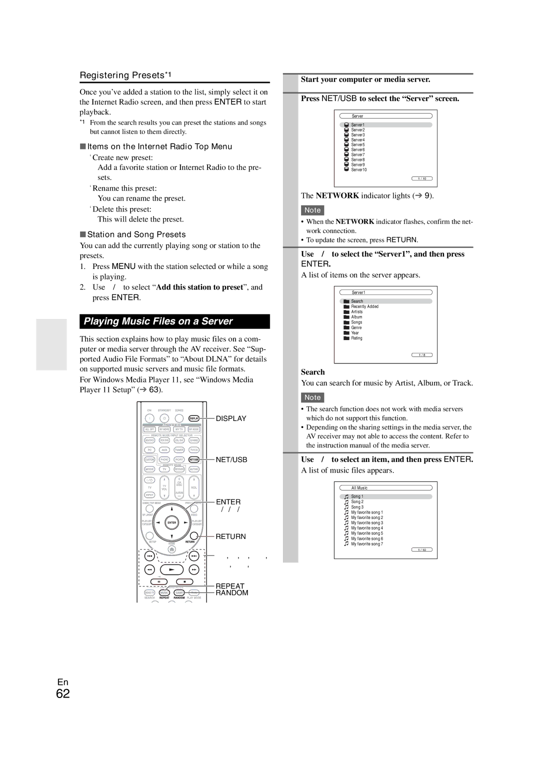 Onkyo TX-NR708 Playing Music Files on a Server, Registering Presets*1, Items on the Internet Radio Top Menu 