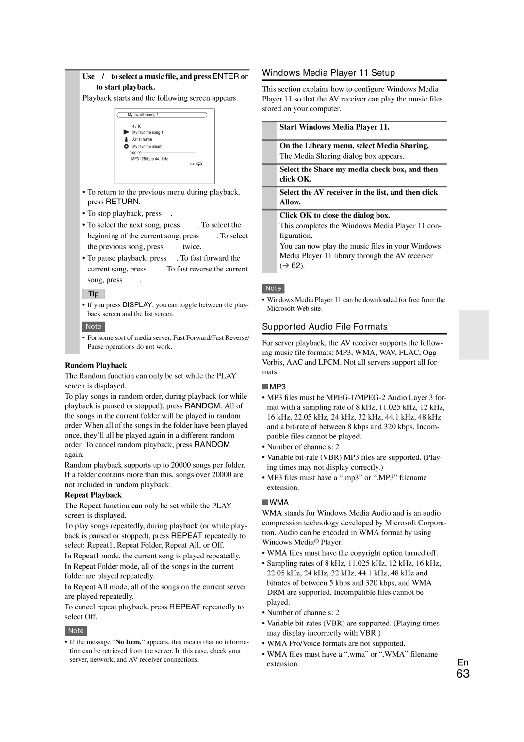 Onkyo TX-NR708 instruction manual Windows Media Player 11 Setup, Supported Audio File Formats, MP3, Wma 