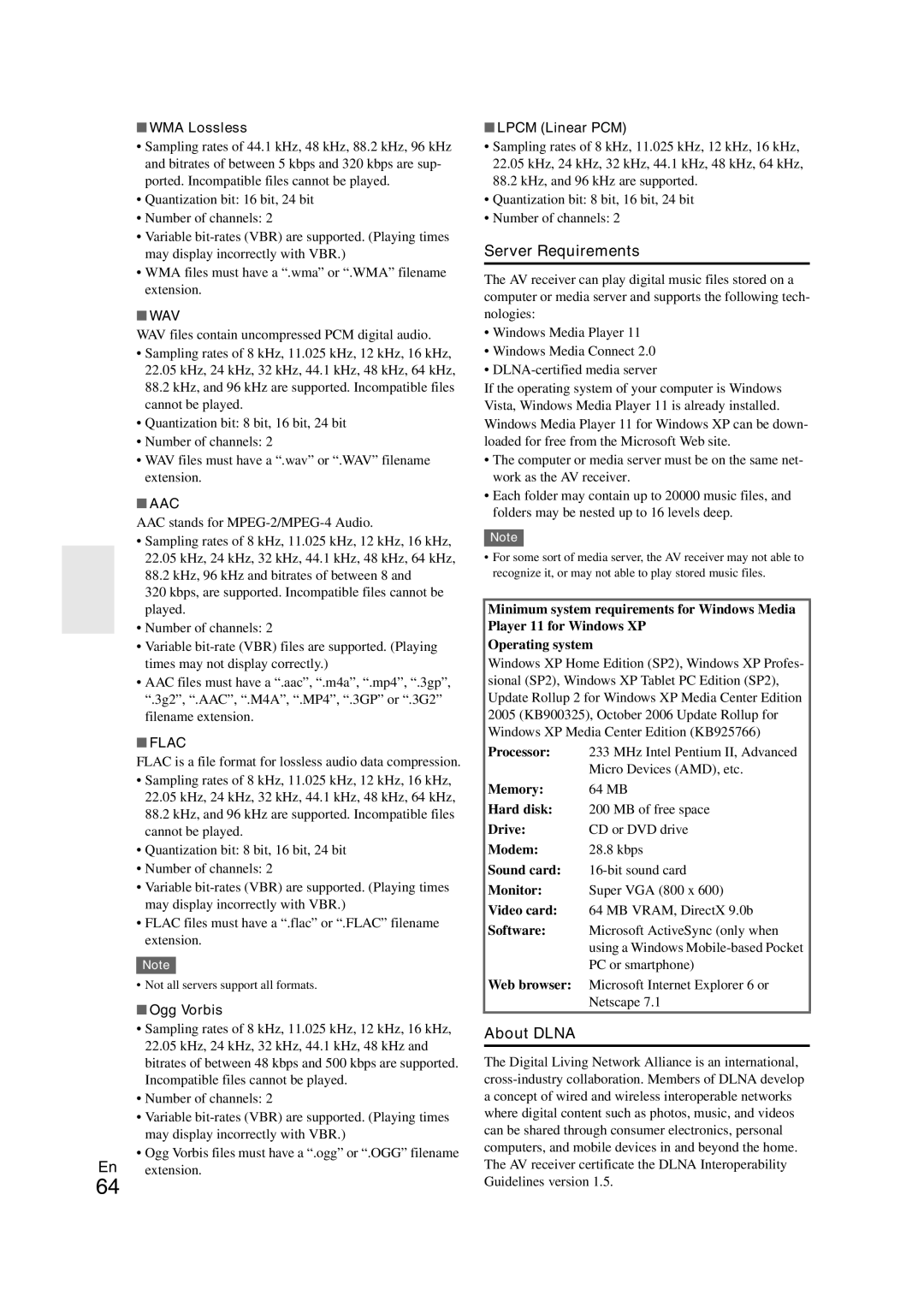 Onkyo TX-NR708 instruction manual Server Requirements, About Dlna, Wav, Aac, Flac 