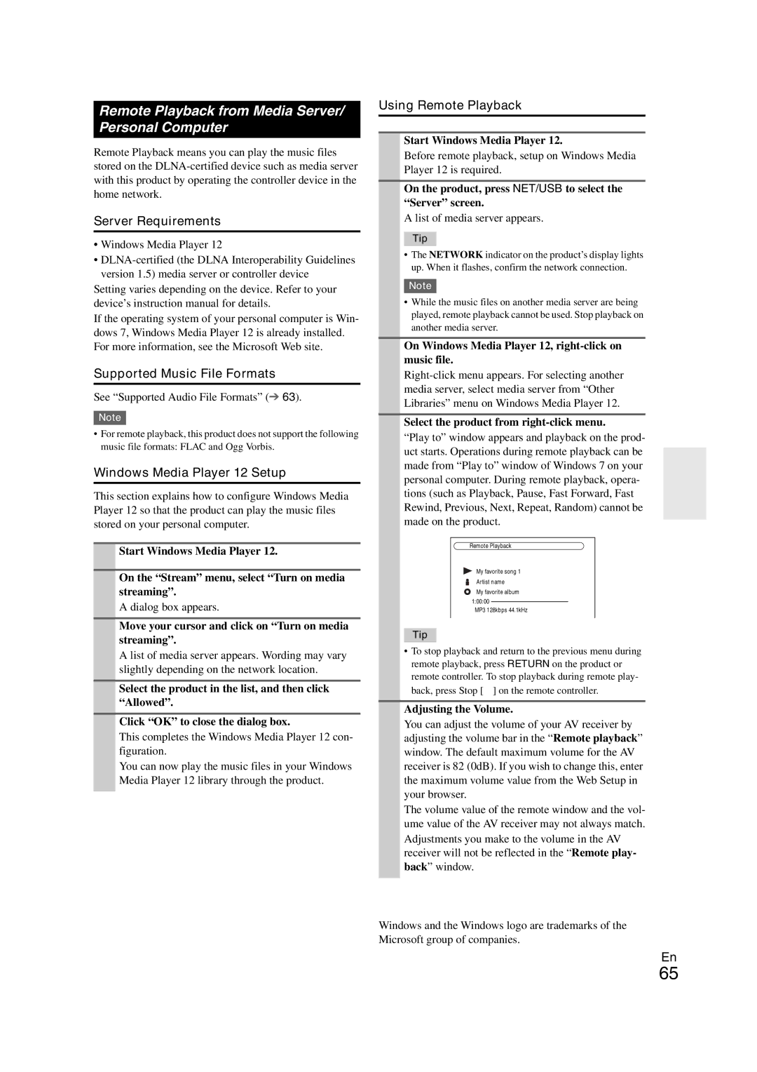 Onkyo TX-NR708 Remote Playback from Media Server/ Personal Computer, Supported Music File Formats, Using Remote Playback 