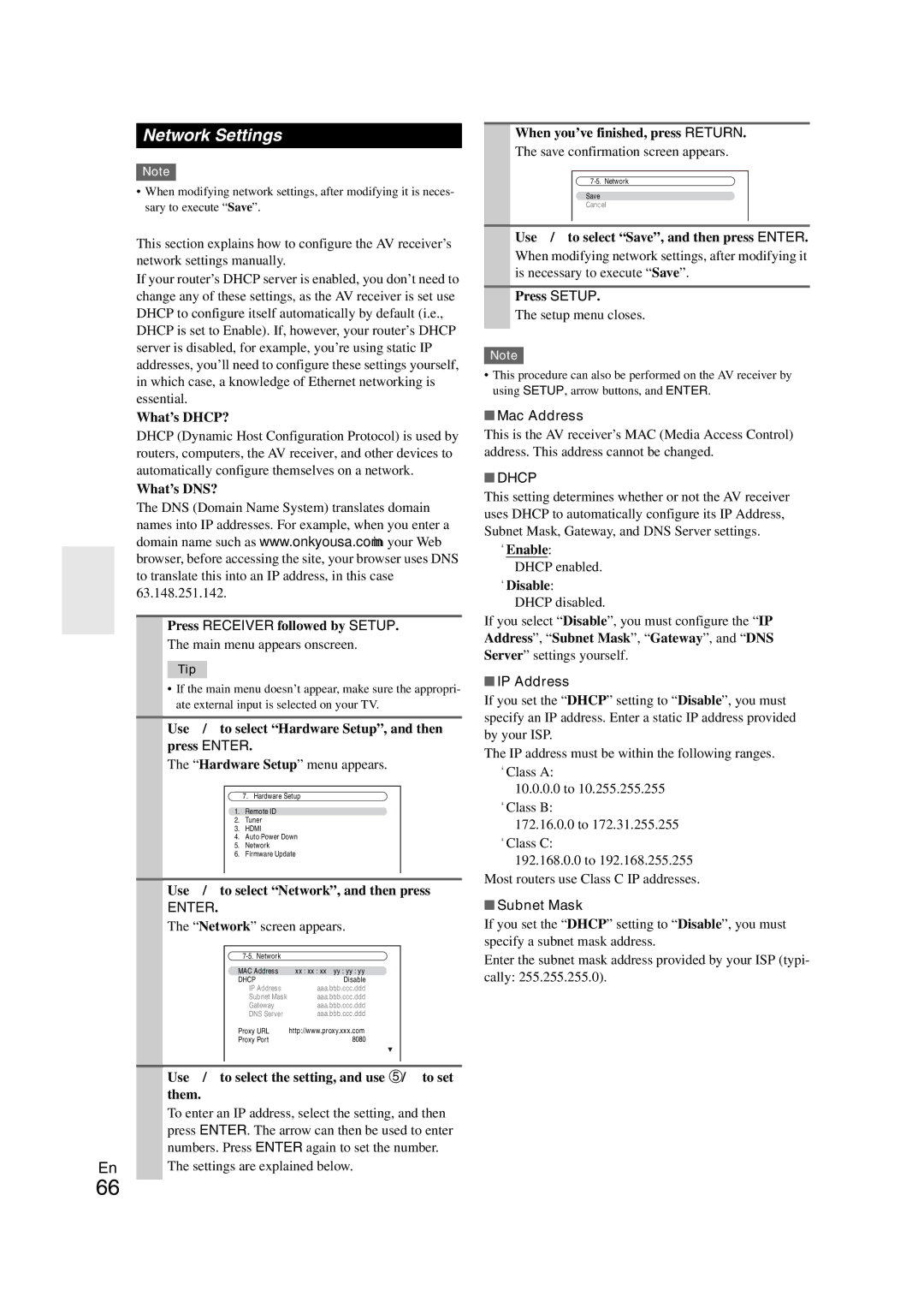 Onkyo TX-NR708 instruction manual Network Settings, Mac Address, Dhcp, IP Address, Subnet Mask 