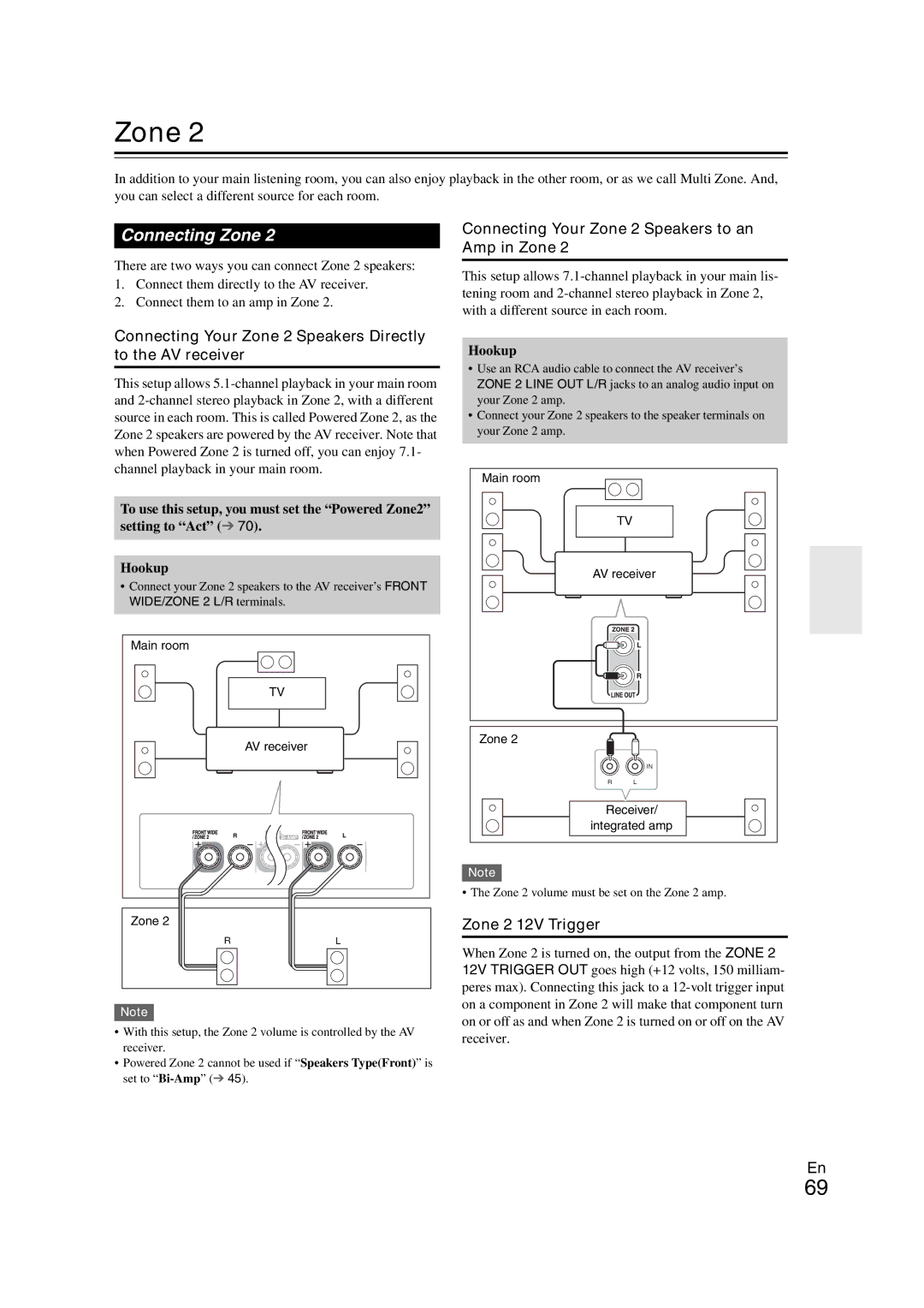 Onkyo TX-NR708 Connecting Zone, Connecting Your Zone 2 Speakers Directly to the AV receiver, Zone 2 12V Trigger 