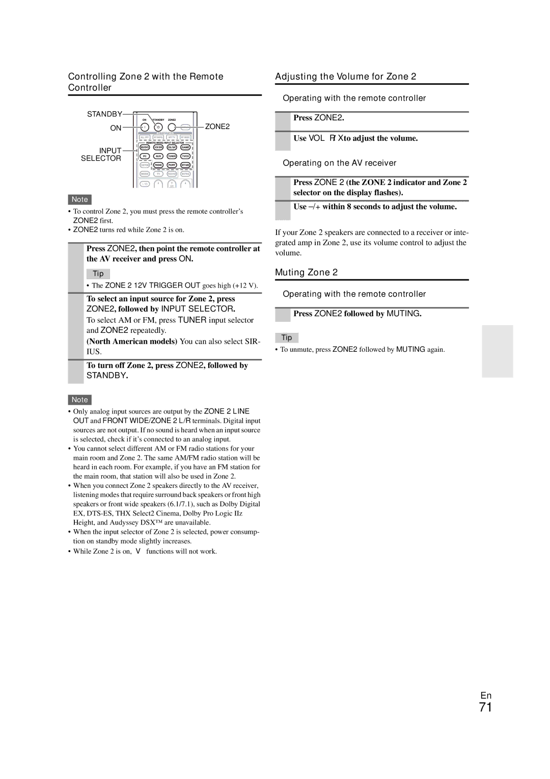 Onkyo TX-NR708 Controlling Zone 2 with the Remote Controller, Adjusting the Volume for Zone, Muting Zone, Standby 