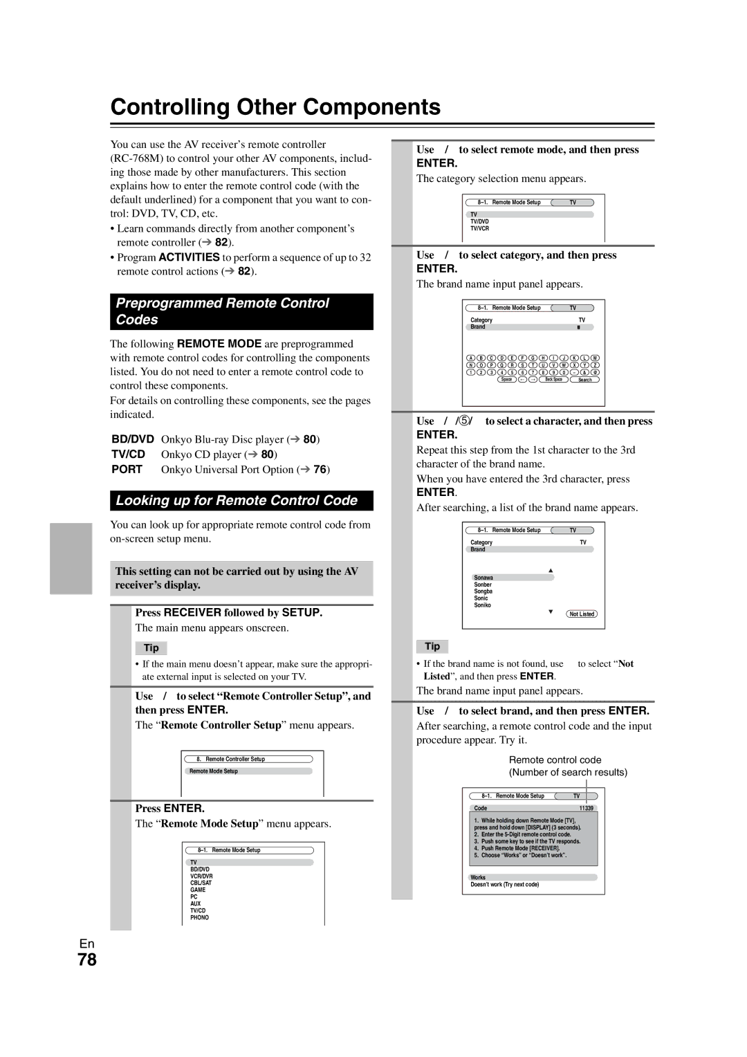 Onkyo TX-NR708 Controlling Other Components, Preprogrammed Remote Control Codes, Looking up for Remote Control Code 