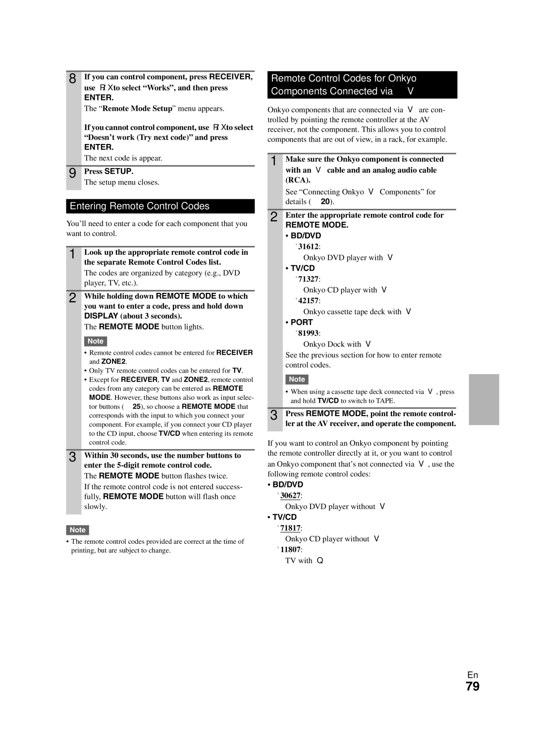 Onkyo TX-NR708 instruction manual Entering Remote Control Codes, Remote Control Codes for Onkyo Components Connected via u 