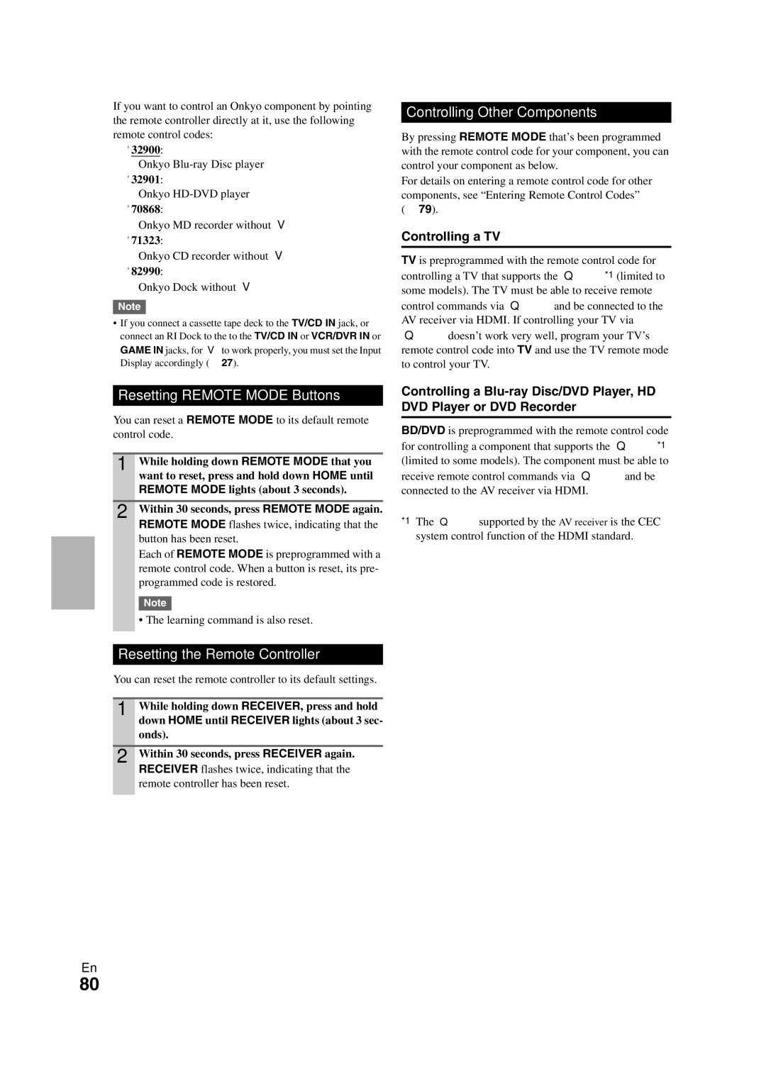 Onkyo TX-NR708 Controlling Other Components, Resetting Remote Mode Buttons, Resetting the Remote Controller 