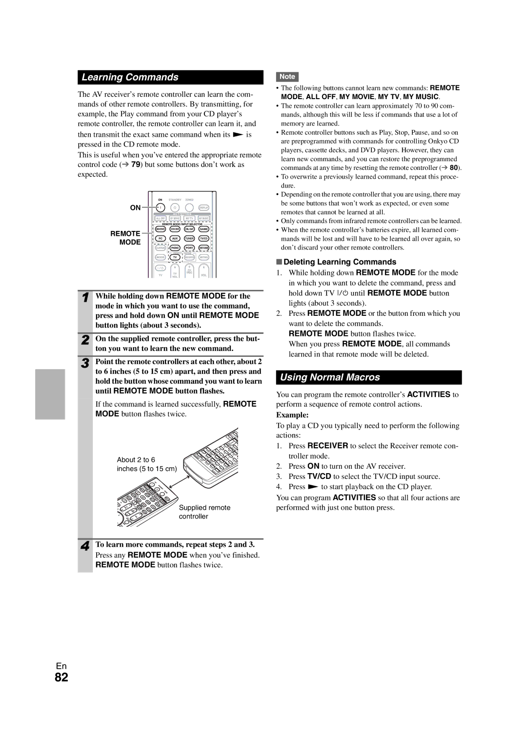 Onkyo TX-NR708 Using Normal Macros, To learn more commands, repeat steps 2, Deleting Learning Commands, Example 