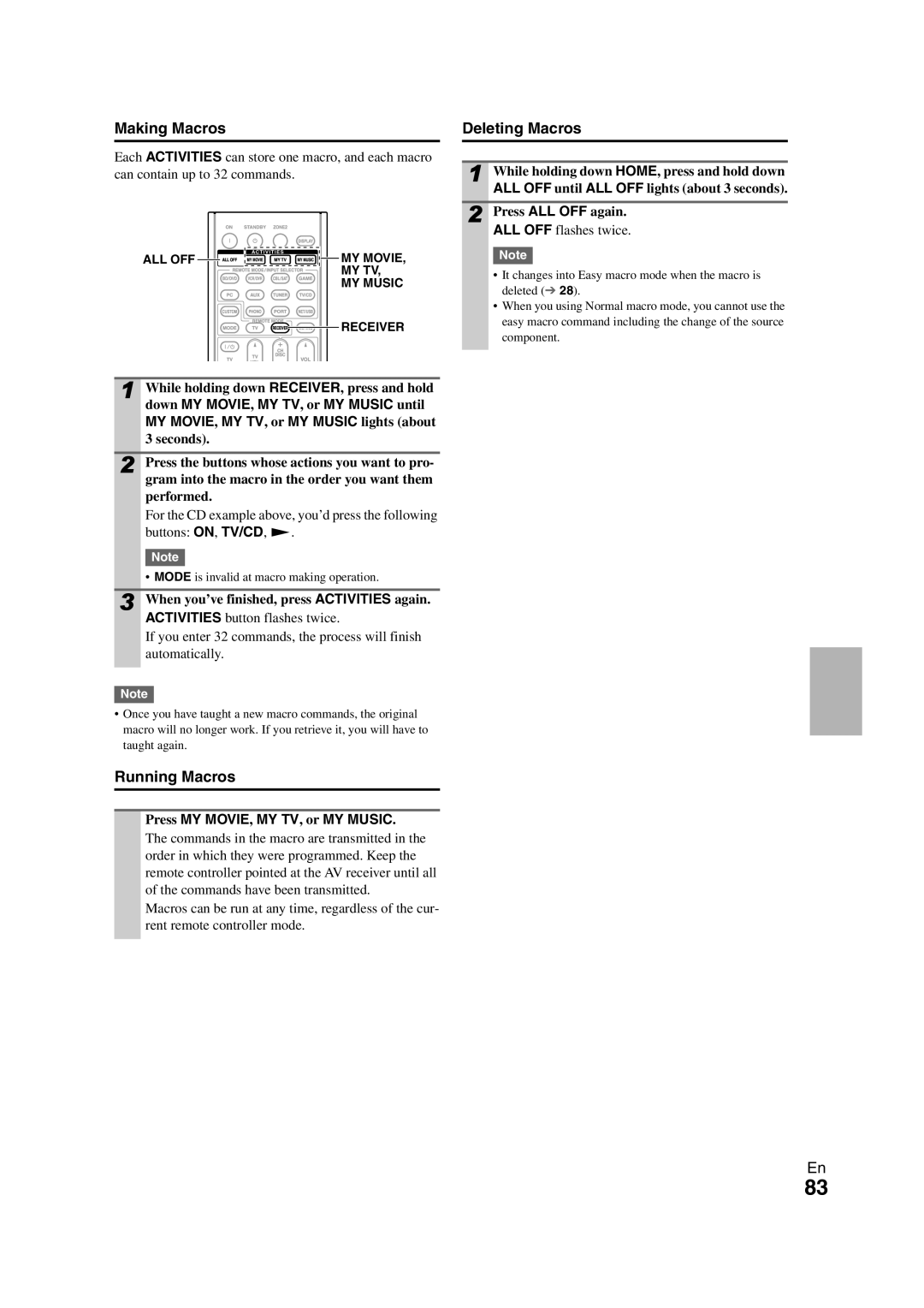 Onkyo TX-NR708 instruction manual Making Macros, Deleting Macros, Running Macros 