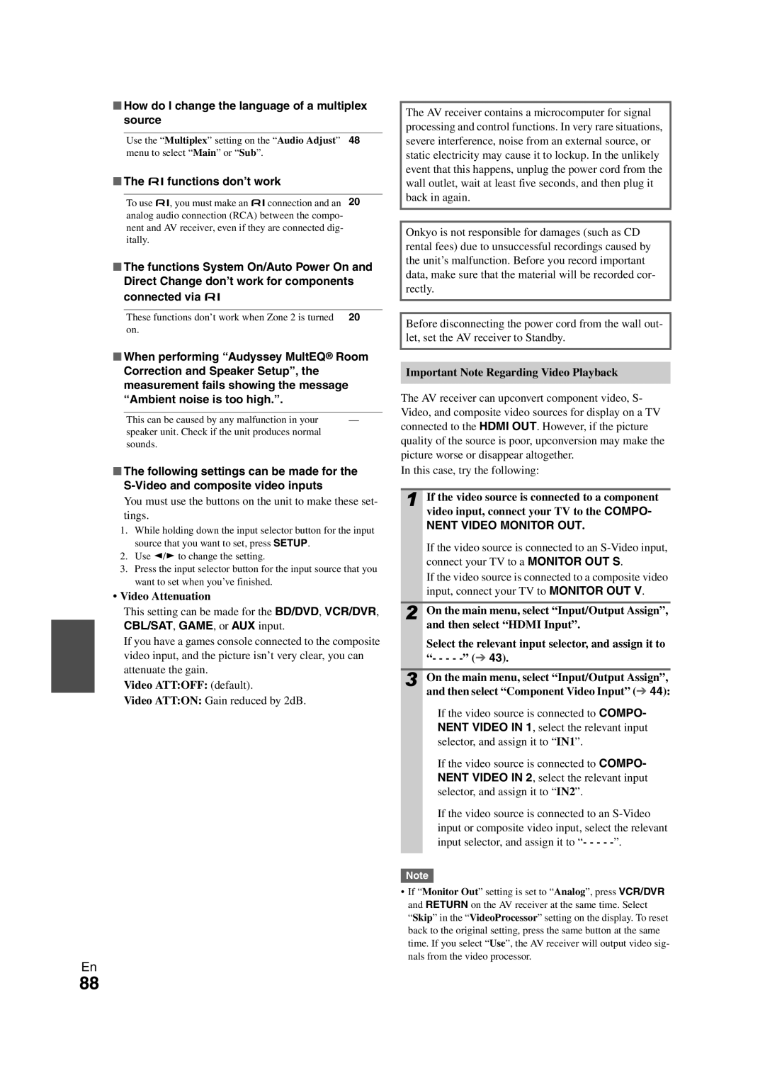 Onkyo TX-NR708 How do I change the language of a multiplex source, Ufunctions don’t work, CBL/SAT, GAME, or AUX input 