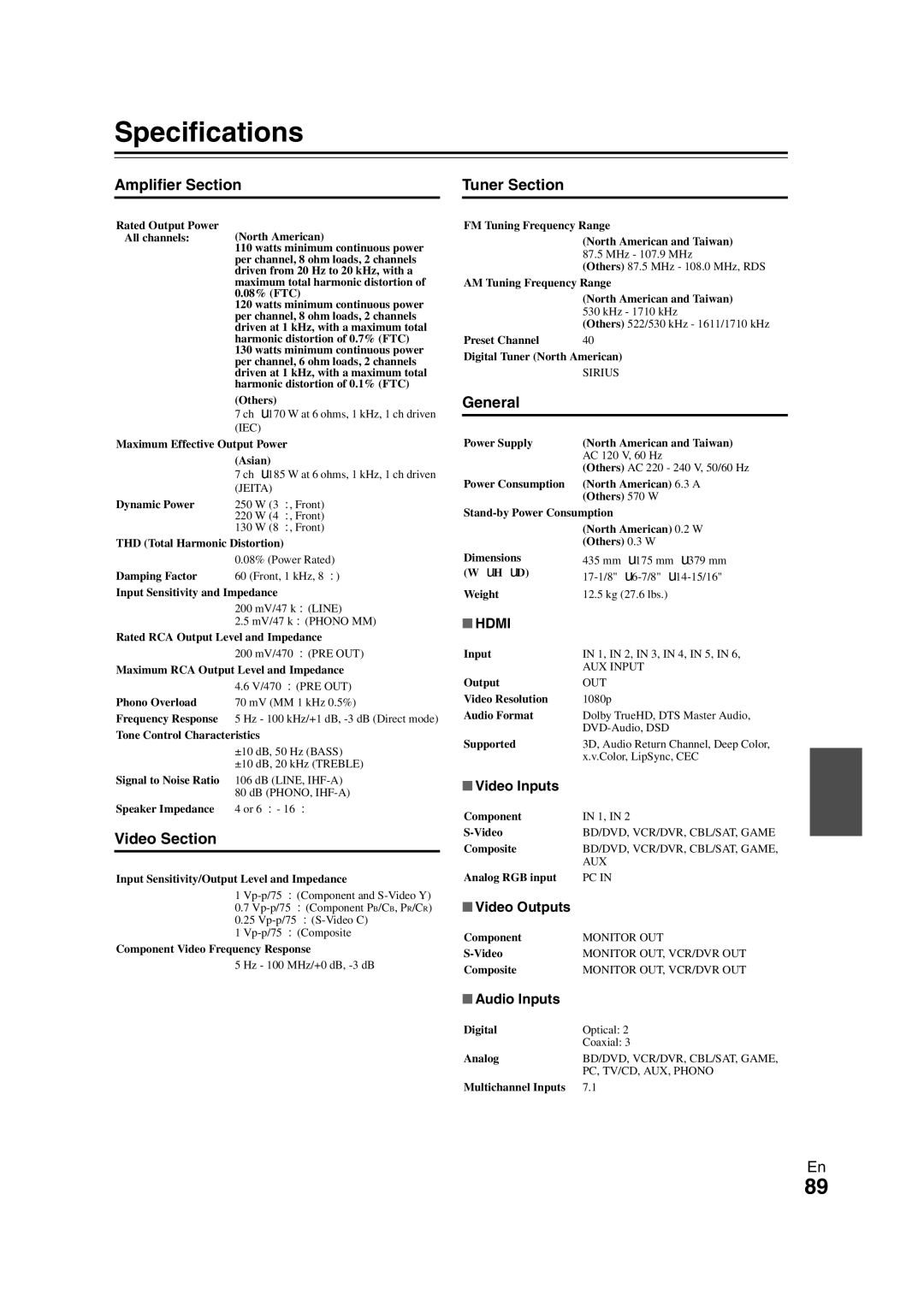 Onkyo TX-NR708 instruction manual Specifications, Amplifier Section Tuner Section, General, Video Section, Hdmi 