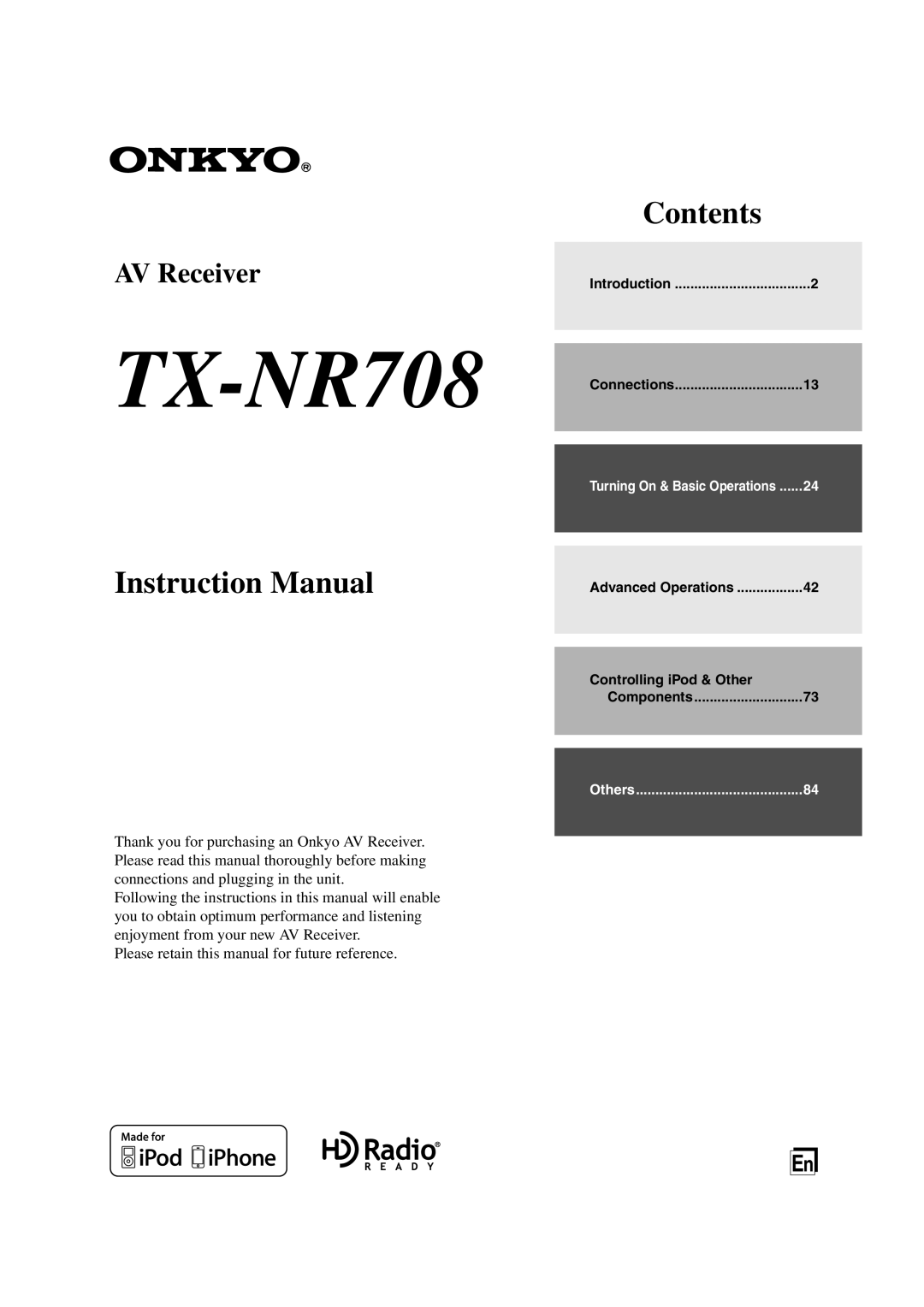 Onkyo TX-NR708 instruction manual Instruction Manual, Contents, AV Receiver 
