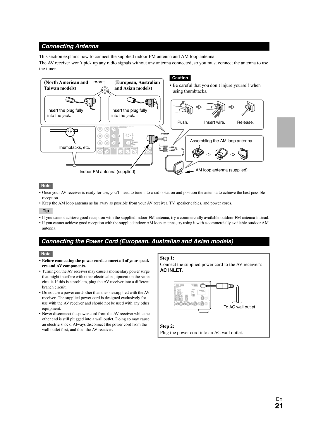Onkyo TX-NR708 instruction manual Connecting Antenna, Ac Inlet 