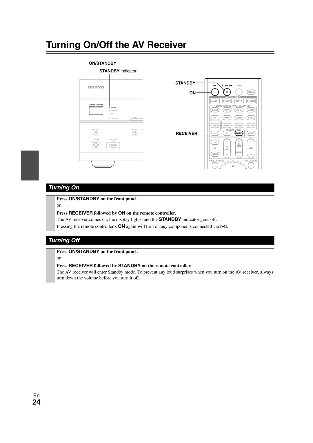 Onkyo TX-NR708 instruction manual Turning On/Off the AV Receiver, Turning Off 