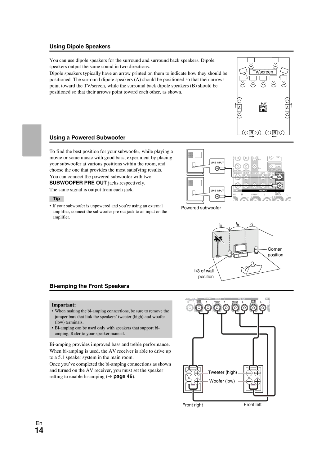 Onkyo TX-NR709 instruction manual Using Dipole Speakers, Using a Powered Subwoofer, Bi-amping the Front Speakers, Tip 