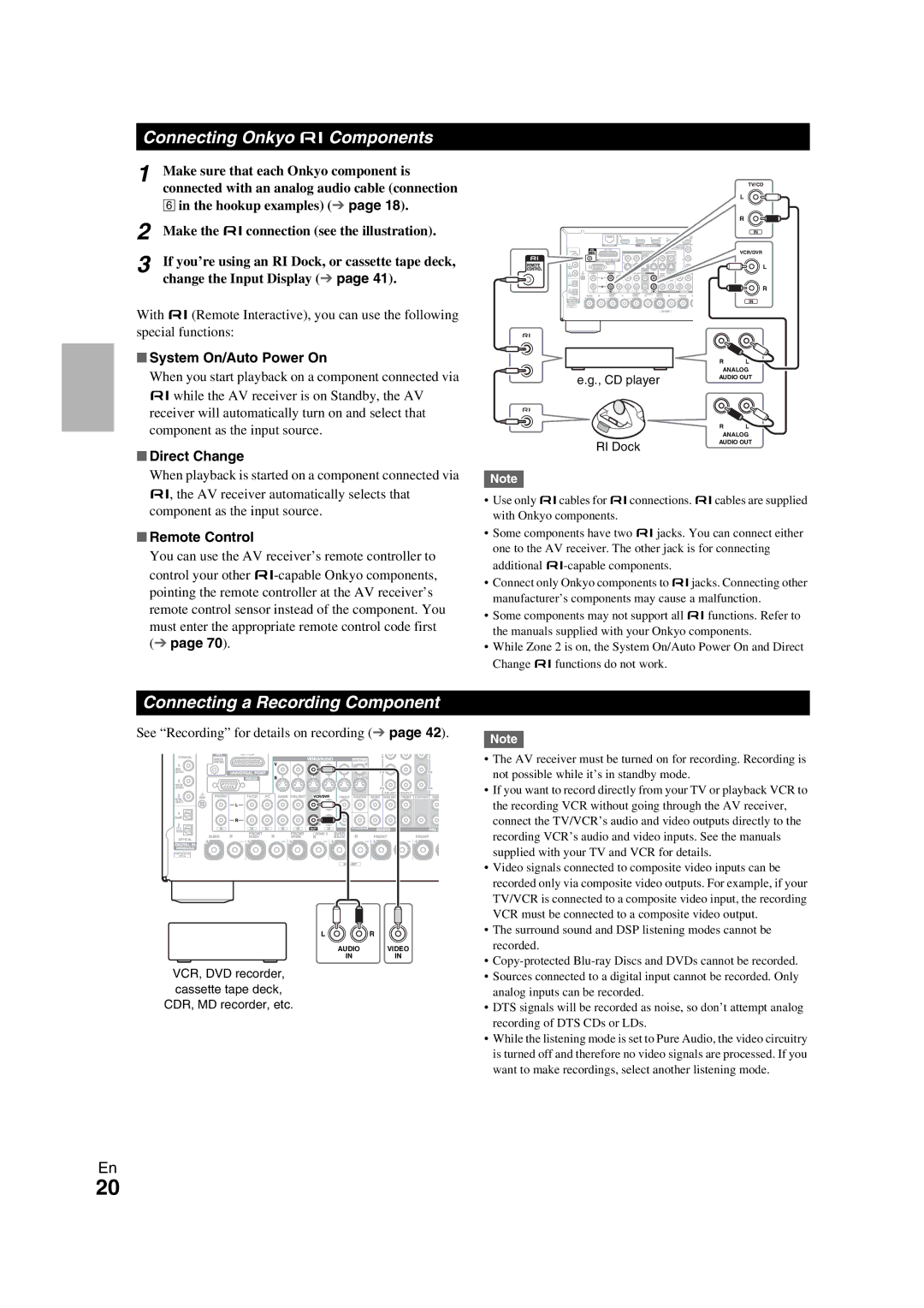 Onkyo TX-NR709 Connecting Onkyo uComponents, Connecting a Recording Component, System On/Auto Power On, Direct Change 