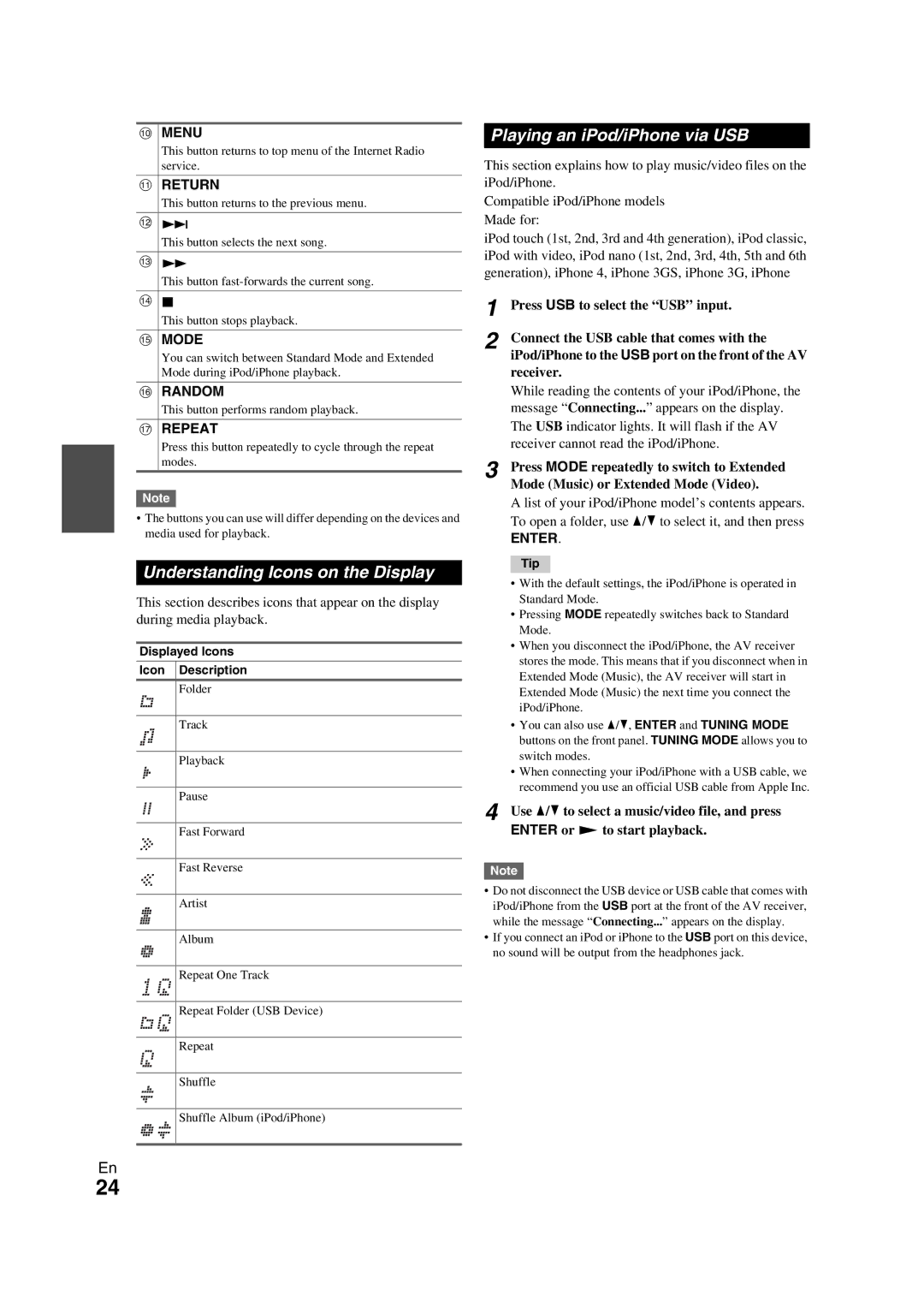 Onkyo TX-NR709 instruction manual Understanding Icons on the Display, Playing an iPod/iPhone via USB, Enter 