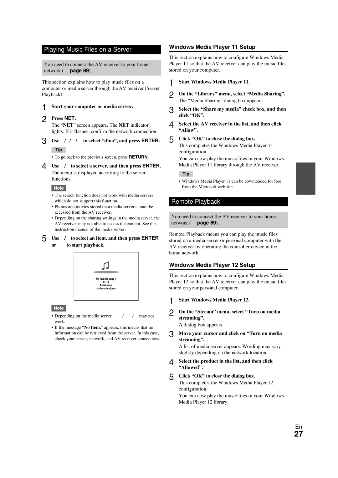 Onkyo TX-NR709 instruction manual Playing Music Files on a Server, Remote Playback, Windows Media Player 11 Setup 