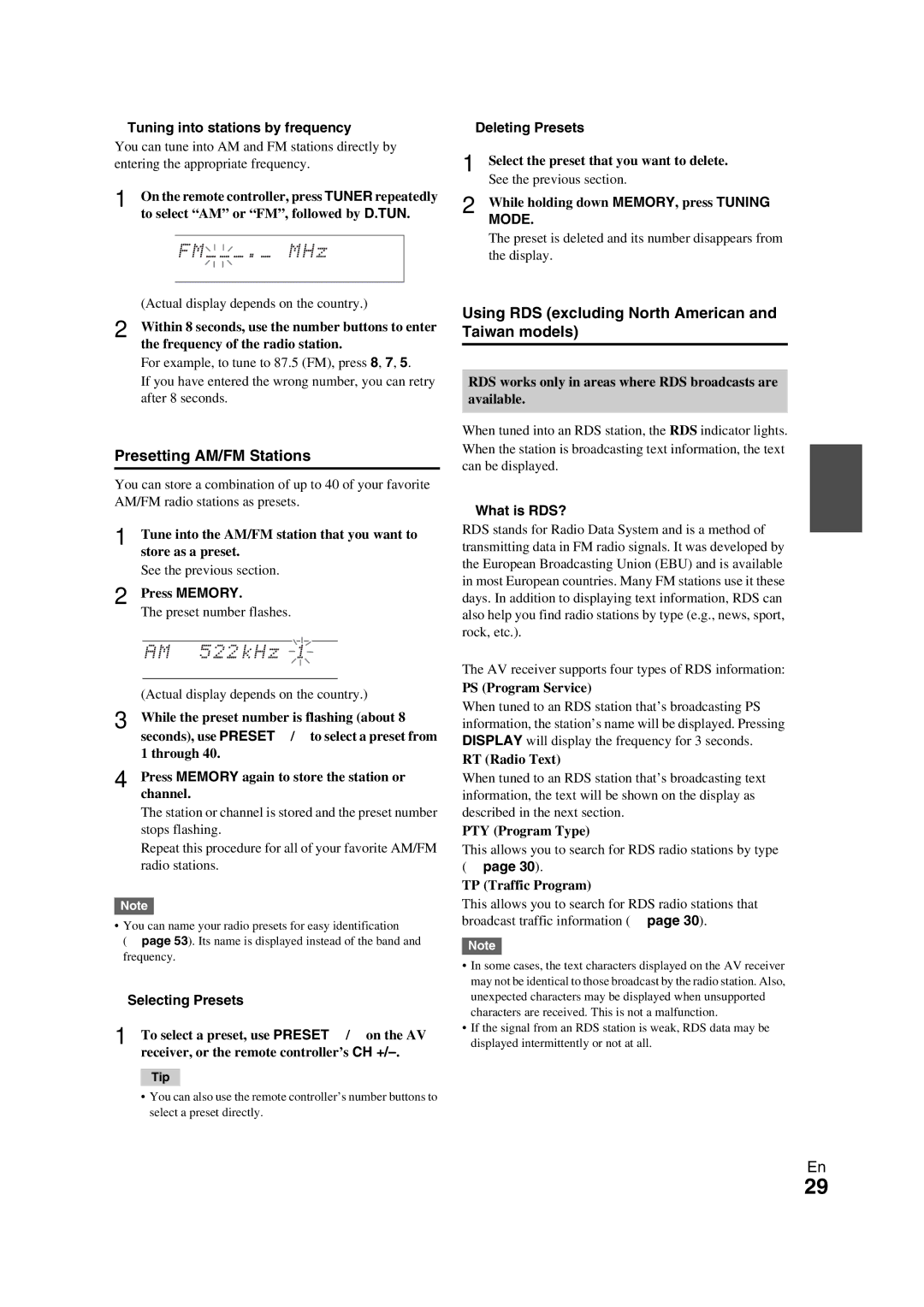 Onkyo TX-NR709 instruction manual Presetting AM/FM Stations, Using RDS excluding North American and Taiwan models, Mode 