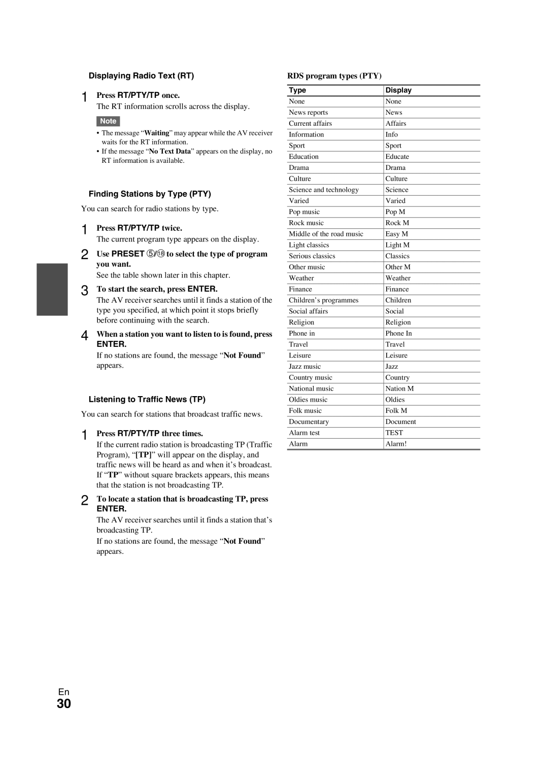 Onkyo TX-NR709 instruction manual Displaying Radio Text RT, Finding Stations by Type PTY, Listening to Traffic News TP 