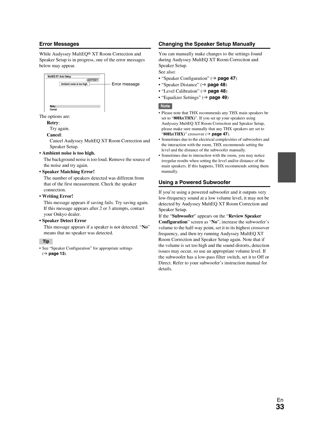 Onkyo TX-NR709 instruction manual Error Messages, Changing the Speaker Setup Manually 