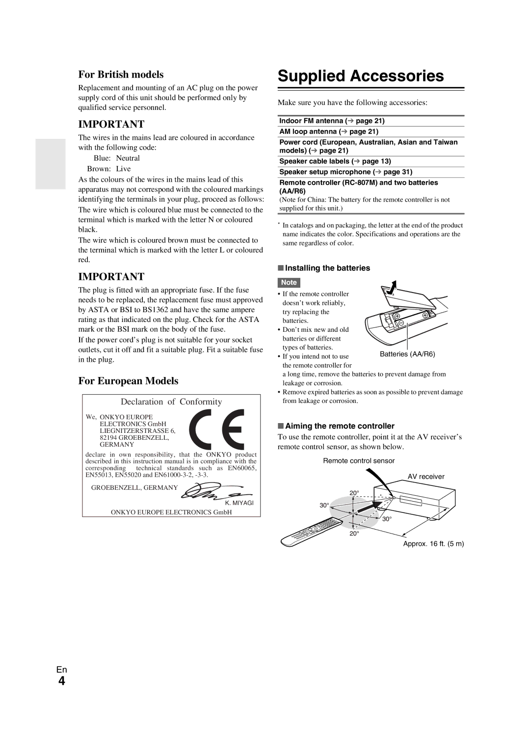 Onkyo TX-NR709 Supplied Accessories, Make sure you have the following accessories, Installing the batteries 